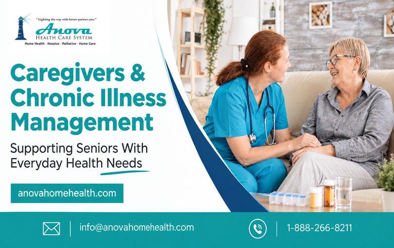 Senior woman receiving compassionate in-home care from a healthcare professional for managing chronic illnesses and everyday health needs.