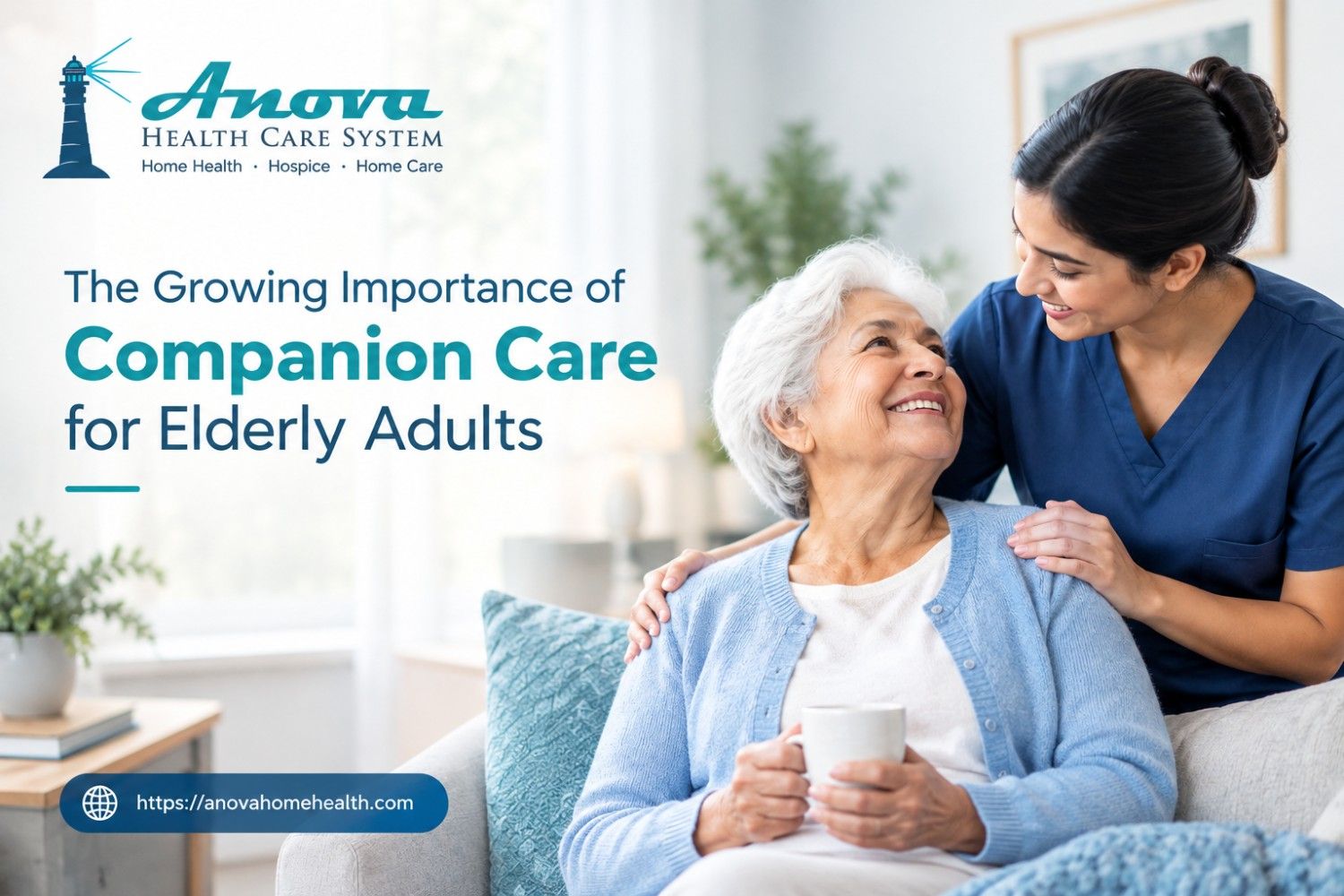 Anova Health Care System companion care for elderly adults, showing a senior woman receiving supportive care from a caregiver at home.