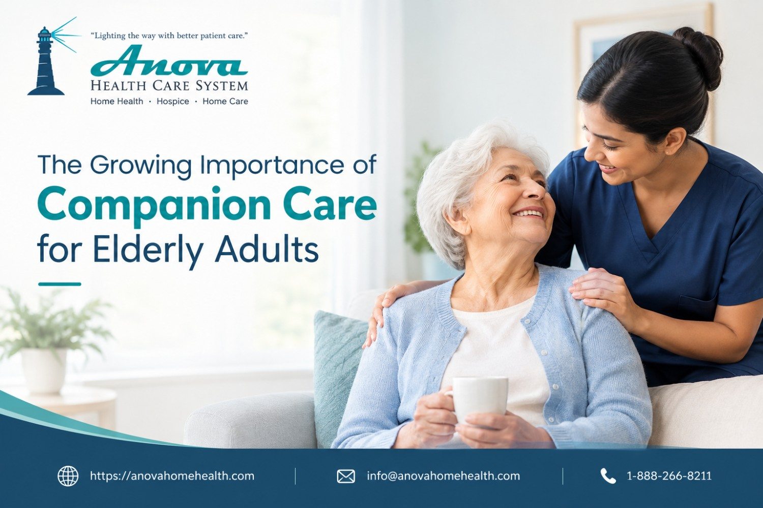 Companion care for elderly adults by Anova Health Care System, featuring a senior woman with a caregiver and highlighting home-based senior care and support.