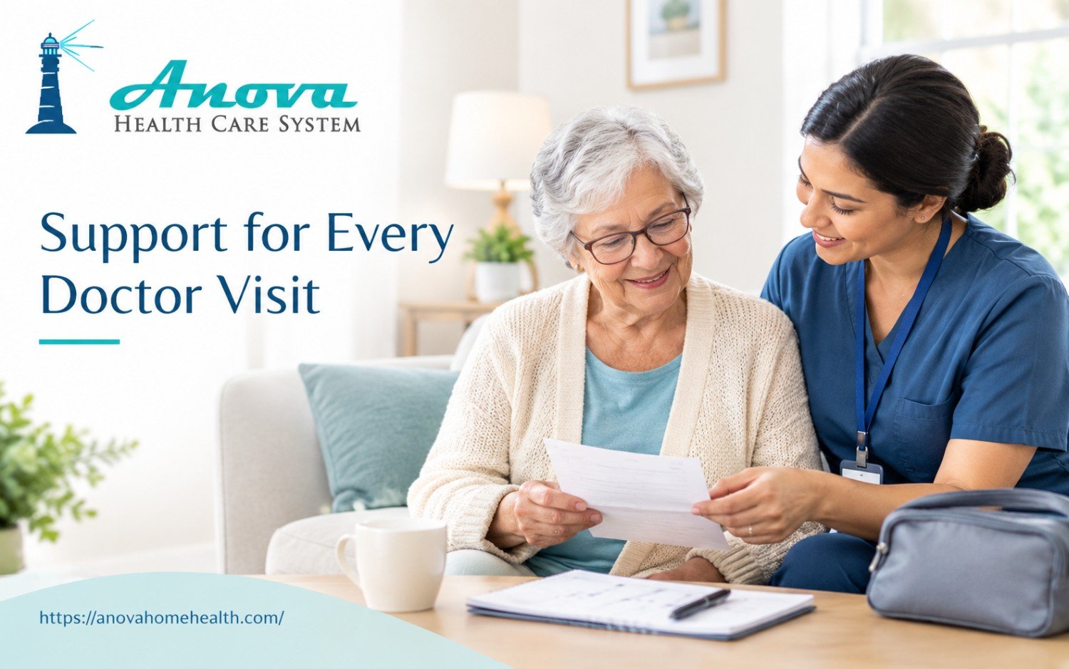 Elderly individual receiving professional in-home care and doctor visit support